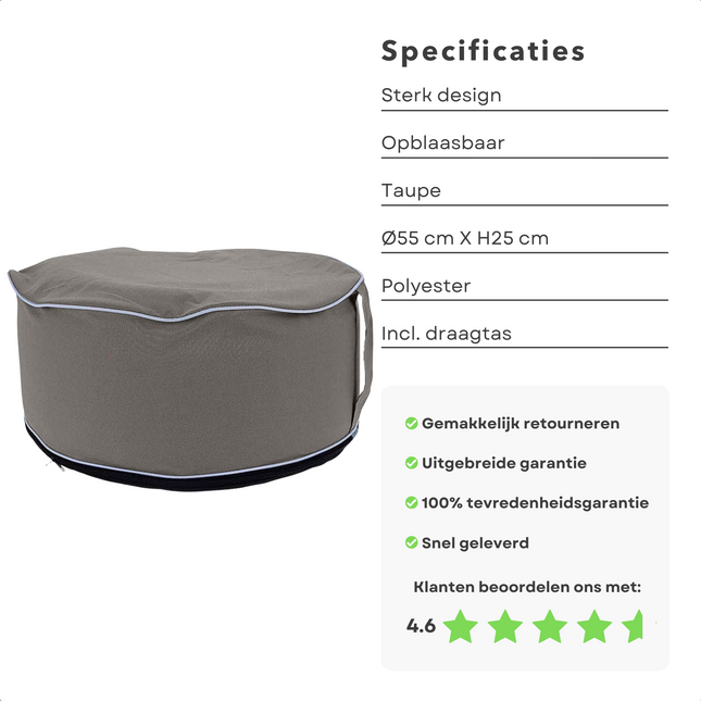 Cheqo® Luxe Poef Opblaasbaar - Taupe - Voor Binnen of Buiten - Polyester - Met Handig Draagtasje Poefs