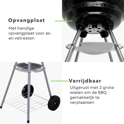 Cheqo® Kogelbarbecue - Ø46 cm - Ronde Metalen BBQ - Voor Houtskool & Briketten - 2 Grote Wielen - Verchroomd Voorraadschap - Kookhoogte 78cm - Opvangplaat - Gewicht 5kg - GS/TÜV Keuring - Barbecue BBQ