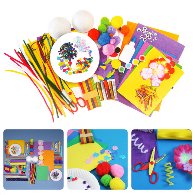 Cheqo® XXL Hobby en Knutselset - Knutselen Set - 1000pcs - Lijm, Schaar, Glitterbuisjes, Verf, Vilt, Rietjes, Chenille Draad, Tempex Bal, Kralen, Rocailles, Steentjes, Houten Stokjes, Bloemen, Ogen, Rubber Vormen Knutselpakket