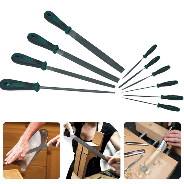 Cheqo® 10-delige Vijlenset - Vijl - Werkplaatsvijlen - Naaldvijlen - 3-hoek - Vierkant - Rond - Halfrond - Vlakstomp - Vlakspits - Handgereedschap - Gereedschapset - Softgrip Handvat - Voor de Professional & Hobbyist Vijlenset