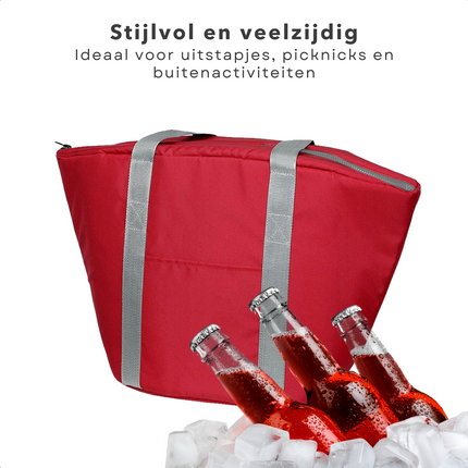 Cheqo® Geïsoleerde Koeltas - 22,3 liter - Rood - Isolerend - Thermische Binnenkant - Dubbel Handvat - Rits - 18,5 x 18 cm - Verstevigde Bodem - Voor Picknick & Boodschappen Koeltas