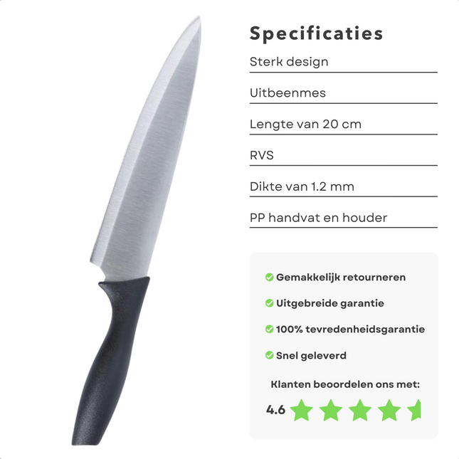 Cheqo® Uitbeenmes - 20cm - Roestvrijstaal - 1.2mm - PP Houder - Met Slijper - Mes - Koken - Keuken - Barbecue - BBQ - Vlees - Vis - Gourmet. Uitbeenmes