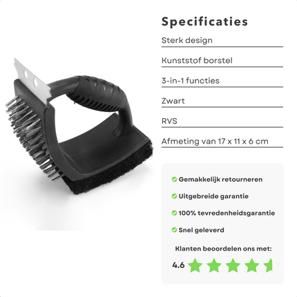Cheqo® 3-in-1 Barbecue Borstel - BBQ Borstel met Schraper - Schrapen, Schuren & Borstelen - Kunststof Borstel & RVS Schraper - Barbecue Grillrooster Schoonmaken - 25 cm Barbecueborstel