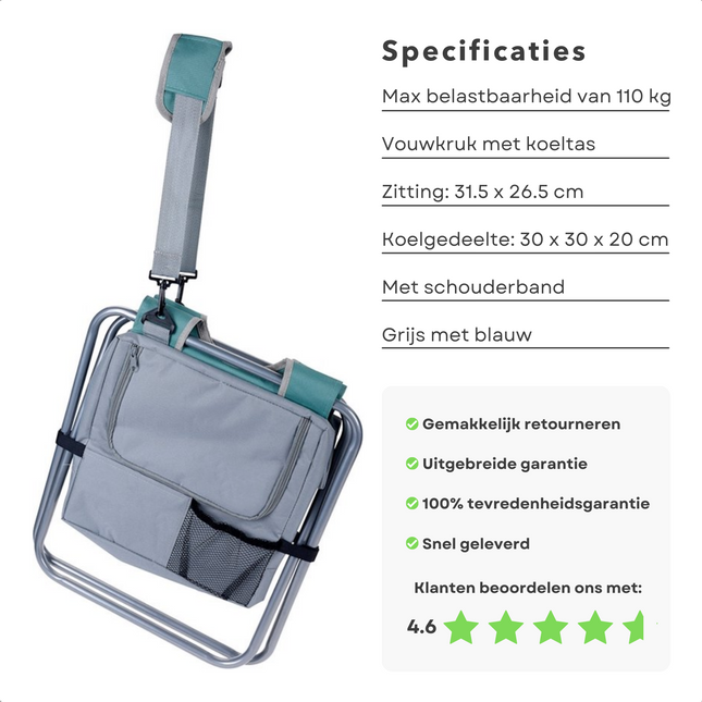Cheqo® Vouwkruk met Koelbox - Koeltas Opvouwbaar - 30x30x20 cm - Campingstoel - Vissersstoel - Reistas - Stoel - Blauw Koelbox