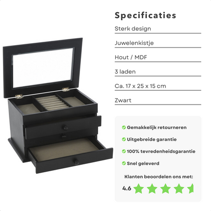 Cheqo® Luxe Sieradenbox Met Spiegel - Bijouteriedoos Opbergbox - Juwelen Opbergdoos - Juwelendoos - MDF - 3 Laden - Zwart - 17x25x15cm Sieradendoos
