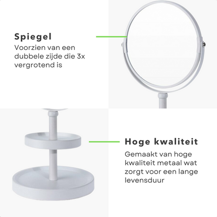 Cheqo® Dubbelzijdige Make-up Spiegel - Vergroot 3x - Matte Finish - 15cm Diameter - 25cm Hoogte - Metaal - 930 gram - Spiegeletagere - Wit Make-up spiegels
