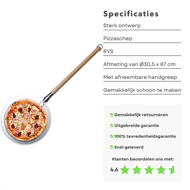 Cheqo® XL Pizzaschep - Pizzaspatel - Ø30.5 x 87cm - RVS - Met Afneembaar Handvat - Makkelijk Schoon te Maken - Voor Oven & BBQ - Barbecue Schep Pizzaschep
