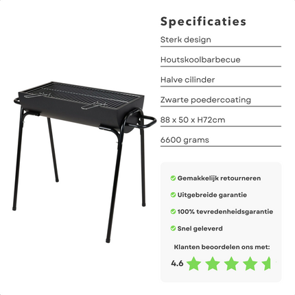 Cheqo® Houtskoolbarbecue - Barbecue Houtskool - BBQ - Half Cilinder - 88x50xH72cm - 60x29cm Grilloppervlak - Zwart Poedercoat - 6600g BBQ