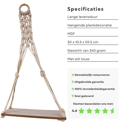 Cheqo® Luxe Plantenhanger - Wanddecoratie - Wandhanger - MDF Plank - Lichte Houtskleur - Wit Touw - 30x10,5x59,5cm Plantenhanger