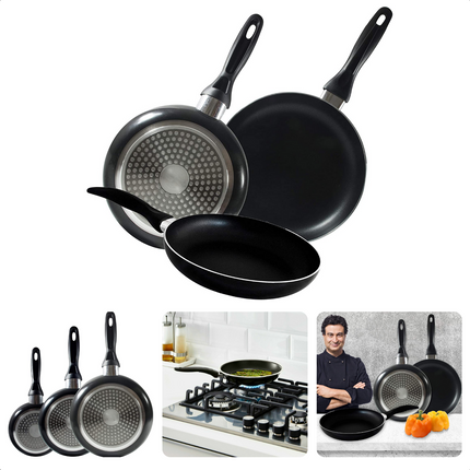 Cheqo® PRO 3-Delige Koekenpannenset - Koekenpan Set - Pannenset - Geperst Aluminium - Geschikt voor Gas, Elektrisch, Keramisch, Halogeen Koken Koekenpan