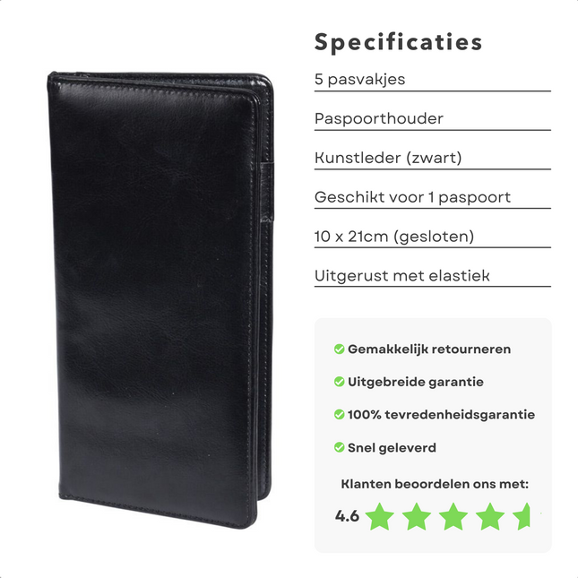 Cheqo®  Paspoorthouder - Paspoorthoes - Paspoort Hoesje - Beschermhoes - Zwart Kunstleder - 10x21cm - 1 Paspoort - 5 Pasvakjes - 3 Steekgleuven - Elastiek Binnenkant Paspoorthoezen