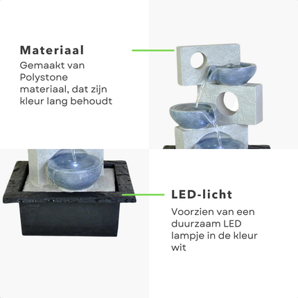 Cheqo® Waterfontein Binnen met LED - Fontein voor Binnen - Waterval - Modern - Polystone/Polyresin - LED (wit) - 30cm - Ornament voor Binnen (IP20) - 150cm Kabel Fonteinen