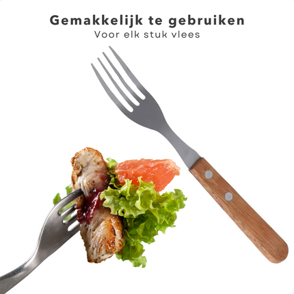 Cheqo® 6-delige Steakvorken Set - 19,5 cm - Roestvrij Staal & Houten Handvat - Perfect voor BBQ - Steak Vorken Vorken