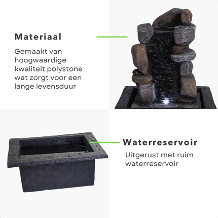 Cheqo® Stone Waterfontein - Waterornament - Fontein - Stoere, Robuuste Vormgeving - IP20 - 1 LED (Wit) - 22x19xH28cm - Polystone/Polyresin - 150cm Kabellengte - 2 Modellen Waterornament