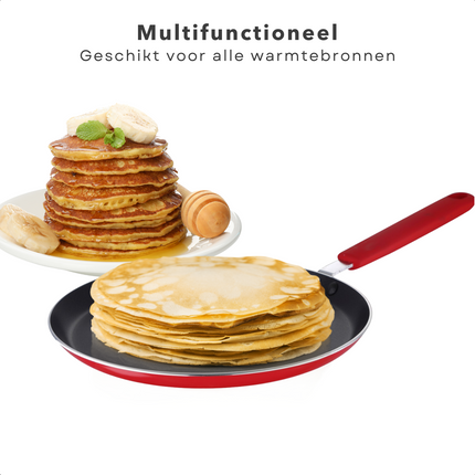 Cheqo® Pannenkoekenpan voor Inductie - ø24cm - Koekenpan - Alle Warmtebronnen - Geperst Aluminium - Anti-Aanbaklaag - Softtouch Handgreep - Ophangoog - Rood Koekenpan