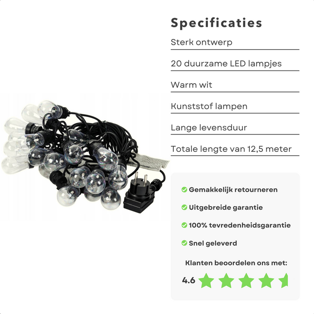 Cheqo® Feestverlichting - 20 LED-lampen - 5.5x4cm - Warm Wit - Heldere Verlichting - Binnen/Buiten - 50cm Afstand - 3m Aansluitsnoer - IP44 - Lengte van 12,5 meter - Sfeerverlichting - Duurzaam - Inclusief Haken - Waterdicht - Lichtsnoer - Tuinverlichting Feestverlichting