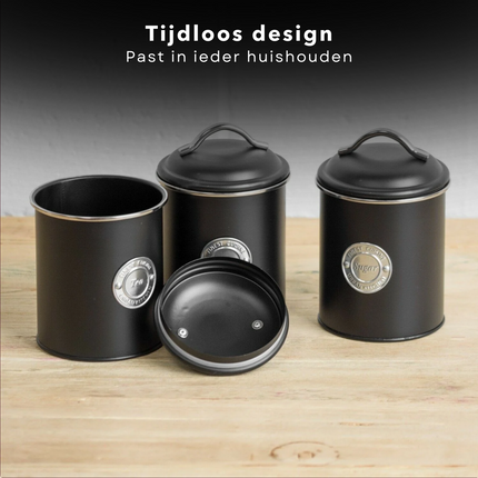 Cheqo® Voorraadbussen Zwart - Voorraadpotten - voorraaddozen  - Set van 3 stuks - Sugar, Tea, Coffee - 16cm Hoogte, 11cm Diameter - Metaal met Zwarte Matte Coating - 740g Gewicht Voorraadbussen