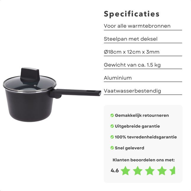 Cheqo® Steelpan met Deksel - Alle Warmtebronnen - Ook voor Inductie - Kookpan - Ø18cm - Aluminium Steelpan