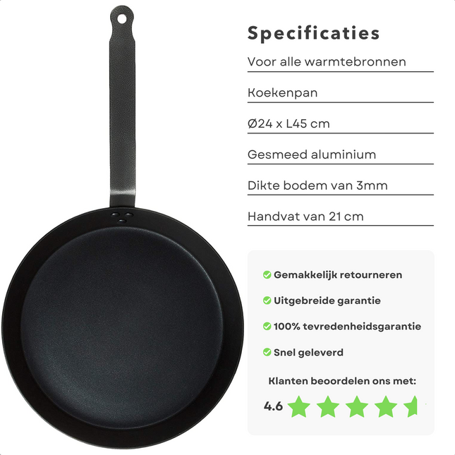 Cheqo® Koekenpan 24cm - Bakpan - Metalen Handvat - Vervaardigd uit Gesmeed Aluminium - 3mm Dikte - Antiaanbaklaag - PFOA-Vrij - Alle Warmtebronnen - Geschikt voor Inductie - Totale Lengte 45cm Koekenpan