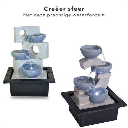 Cheqo® Waterfontein Binnen met LED - Fontein voor Binnen - Waterval - Modern - Polystone/Polyresin - LED (wit) - 30cm - Ornament voor Binnen (IP20) - 150cm Kabel Fonteinen