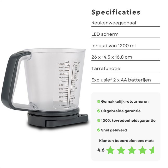 Cheqo® Keukenweegschaal met Transparante Maatbeker - Maatbeker met Weegschaal - 1200 ml - 5 kg - ABS Kunststof - 1 g Schaalverdeling - G/Oz/Ml - Tarrafunctie - Op Batterijen Maatbeker