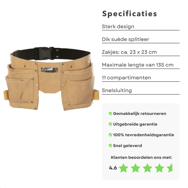 Cheqo® Gereedschapshouder - Gereedschalsgordel - Suede-Splitleer - Plaats voor Rolmaat - Met Hamerhouders - 135cm Verstelbare Band - 23x23cm Buidel Gereedschapsgordels