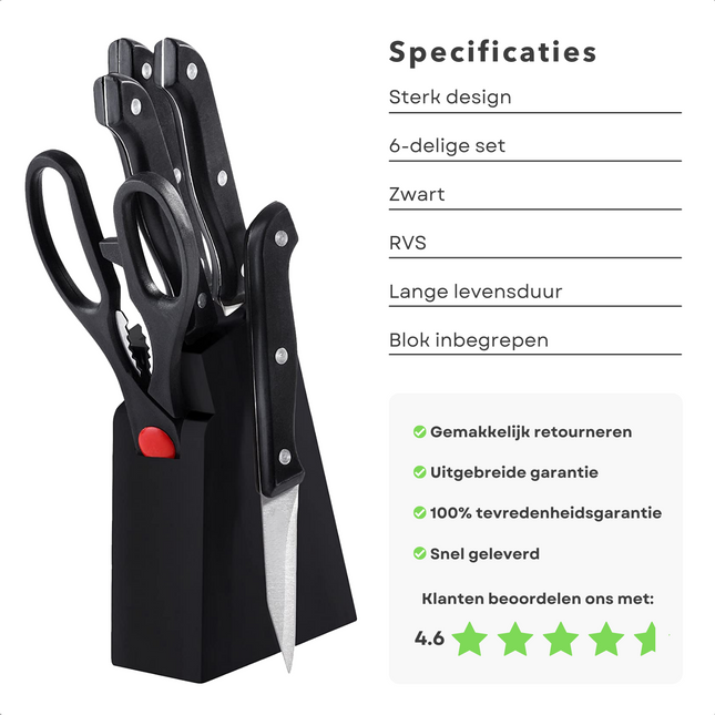 Cheqo® Messenset met Messenblok - Messen Set met Blok - Zwart - Set met Uitbeenmes 12,5cm, Steakmes 11,25cm, Universeel mes 10,6cm, Schilmes 7,5cm & Universele Schaar Messenblokken met messen