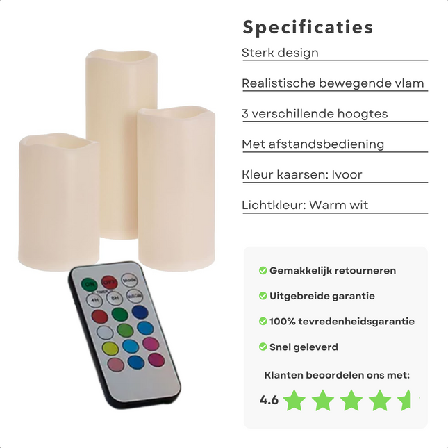 Cheqo® LED Kaarsen voor Binnen en Buiten - 3 stuks - Realistische Kaarsen - Bewegende Vlam - 15cm, 20cm, 25cm - Afstandsbediening - Timer - IP44  - Warm Wit - Met Batterijen Led-kaarsen