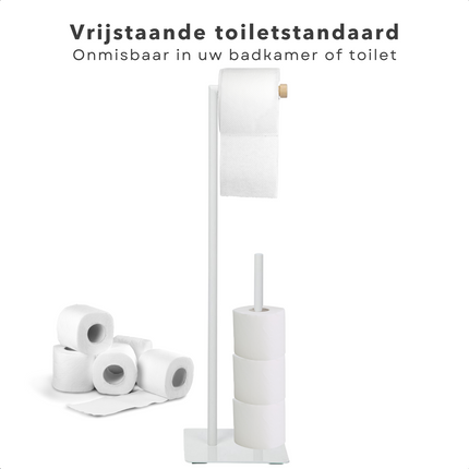 Cheqo® Toiletbutler - Toiletrolhouder - Rollenhouder - Standaard van Metaal en Houten Afwerking - 21,5 x 20 x 71 cm - Eenvoudig in Elkaar te Zetten Toiletbutler