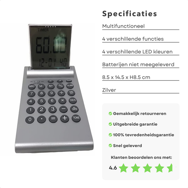 Cheqo® Multifunctionele Alarm Klok met Push-Up LCD Display - 8,5 cm - Digitale Wekker - Rekenmachine - Met Radio - Met Kalender - Met Thermometer - Met Stopwatch Wekker