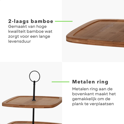 Cheqo® Bamboe Etagere - Serveerplank - Serveertoren - 2-laags - 25x25cm - Rechthoekig - H23.5cm - Multifunctioneel Opbergsysteem Etagere