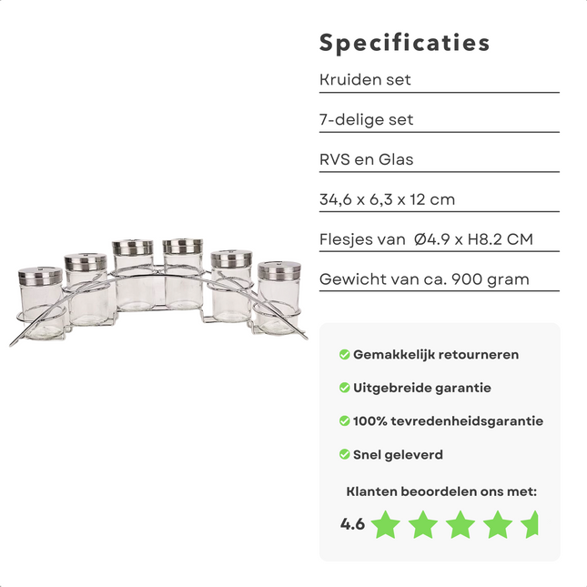 Cheqo® Kruidenset - 7 delig - Complete Set - Kruiden Organizer - RVS & Glas - Strooideksel - Kruidenrek - 6 Kruidenpotjes - Inclusief Rek - 100ml - BPA Vrij - 34,6 x 6,3 x 12 cm - ø4,9 x H8,2 cm - 3 Strooigaten - 900 gram Kruidenrekken