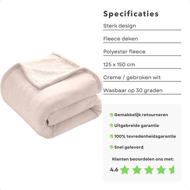 Cheqo® Fleece Deken - Fleece Plaid - Dekentje - Zachte Deken - 125x150cm - Creme Wit - Voor de Koude Dagen - Polyester Fleece Plaids
