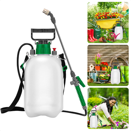 Cheqo® Plantensproeier - Drukspuit - Verstuiver - Druksproeier - Plantenspuit - 5 Liter - Met Handvat - Sproeilans - Verstelbaar Mondstuk - Vergrendelbare Trekker - Veiligheidsventiel - Draagriem - Tuin Besproeien - Onkruid Verdelgen Drukspuit