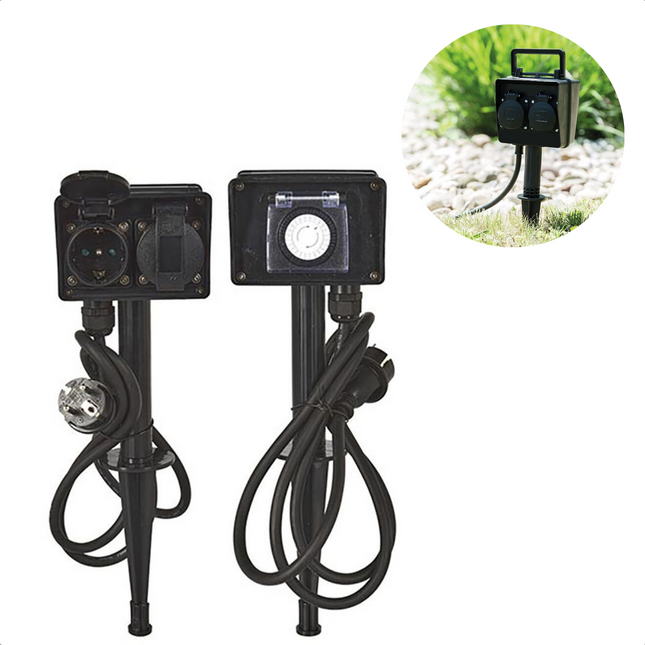 Cheqo® Randaarde Tuinstekkerdoos - Tuin Stekkerdoos met Grondspies - Tuincontactdoos 2-Voudig met Timer - 24-uurs Timer - Dubbel Stopcontact - Weerbestendig - Randaarde - Kinderbeveiliging - IP44 - 3680 Watt - 250V - 2 Stopcontacten Stekkerdoos