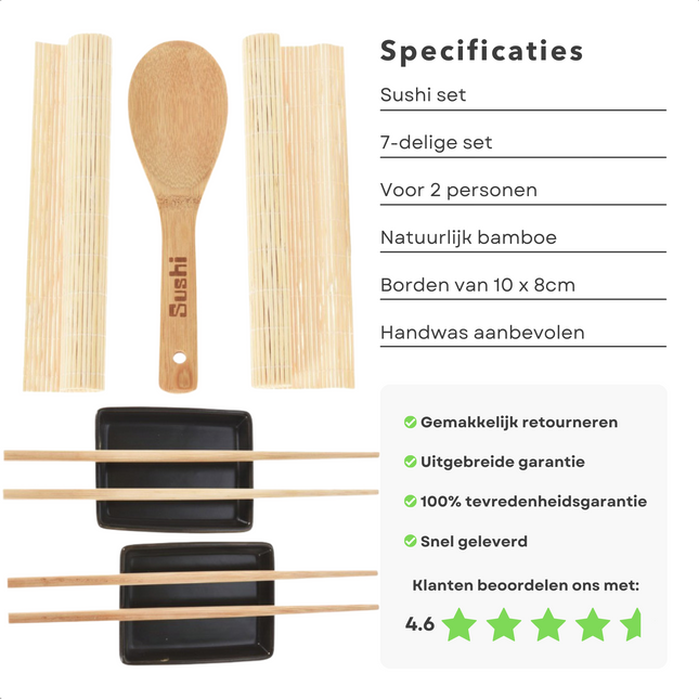 Cheqo® Sushi Set - 7 delig - Bamboe + Keramiek - voor 2 personen - 2x bordjes (10x8cm) - 1x sushilepel - 2x placemats - 2x eetstokjes - Servies - Stokjes - Voor de Echte Sushi Lover - Hoge Kwaliteit Servies