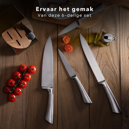 Cheqo® 5-delige Luxe Messenset - Houten Messenblok met RVS Bodem & Voorzijde - Chefmes 20cm, Snijmes 20cm, Broodmes 20cm, Universeelmes 12,5cm, Schilmes 9cm - Anti-slip - Messenset met Houten Blok Messenblokken met messen