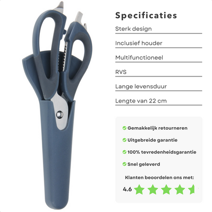 Cheqo® Multifunctionele Keukenschaar - Schaar met Flesopener - Schaar met Mes - Notenkraker - RVS - 22cm - 2,8mm - 145g - 80g - Voor Kip, Vis, Noten en Flessen Keukenschaar