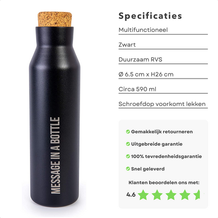 Cheqo® Thermosfles 590ml - RVS - Isolatiefles - Thermoskan - RVS Fles - Vacuümfles - Message in a Bottle - Zwart Thermosfles