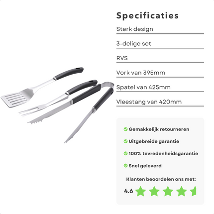 Cheqo® BBQ Gereedschapset - Barbecueset - BBQ Grill Accessoires Set - Tang, Spatel & Vork - BBQ Tang - BBQ Spatel - BBQ Vork - Gemaakt van RVS - 395mm, 425mm & 420mm Barbecuegerei-sets