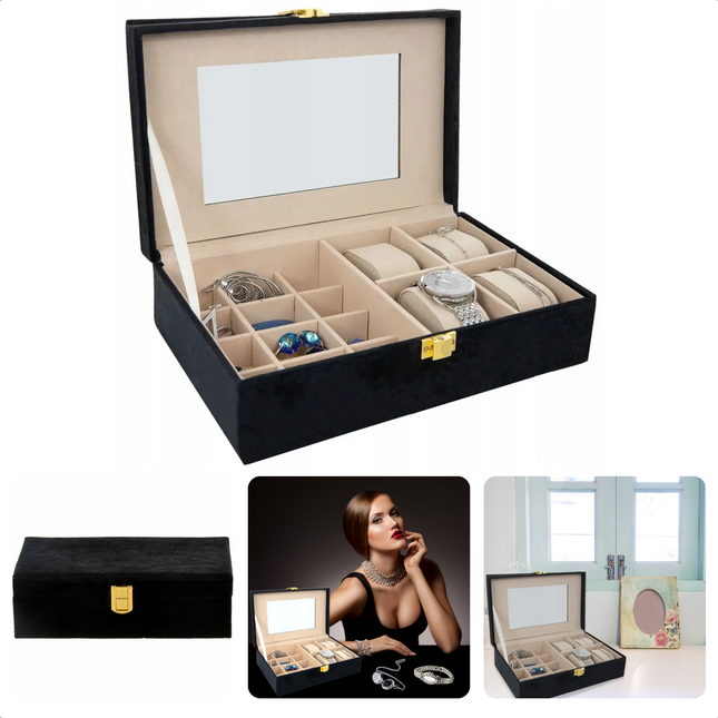 Cheqo® Sieradendoos - Juwelendoos - 25x16x7cm - Sieraden Organiser - Horlogebox - Horloge Doos - Zwart - Velvet - 16 Compartimenten - 12 Oorbellen/Ringen - 4 Armbanden/Horloges - Goudkleurige Sluiting Sieradendoos