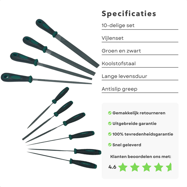 Cheqo® 10-delige Vijlenset - Vijl - Werkplaatsvijlen - Naaldvijlen - 3-hoek - Vierkant - Rond - Halfrond - Vlakstomp - Vlakspits - Handgereedschap - Gereedschapset - Softgrip Handvat - Voor de Professional & Hobbyist Vijlenset
