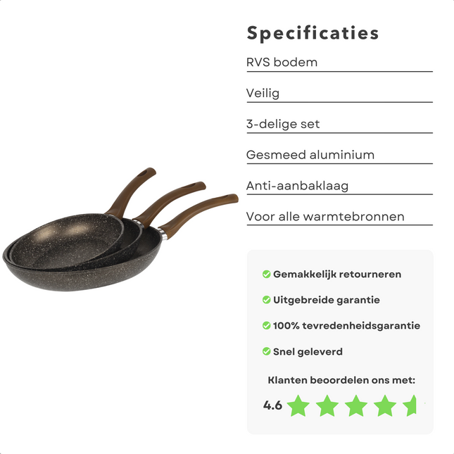 Cheqo® Luxe Koekenpan Set - Koekenpannenset Inductie - Ø20cm, Ø24cm, ø28cm - 100% Gerecycled Aluminium - RVS Bodem - PFOA-Vrij - Geen Lood, Geen Cadmium - Gas, Inductie, Elektrisch, Keramisch, Halogeen - Ook voor Inductie - Made in Italy Koekenpan