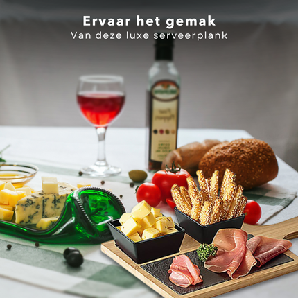 Cheqo® Tapas Plank - 4 delige set - 2 Kommen 9x9x5cm - Leisteen - 10x20cm - 1 Bamboe Serveerplank 20x30cm - Anti Slip Voetjes - Borrelplank - Serveerplank - Tapasplank Serveerplanken