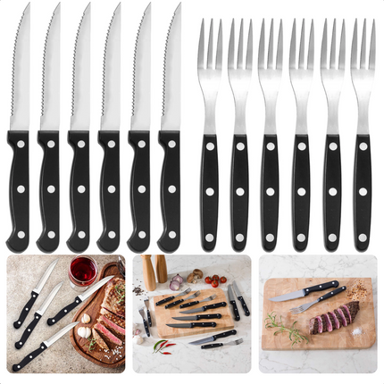Cheqo® 6 Steakmessen met Steakvorken - Vorken en Messen - Steakset - Steakmes Set - Kartelmes - Kartelmessen - 21cm - 6 Steakvorken - 19cm - 1.2mm - RVS Steakmessen