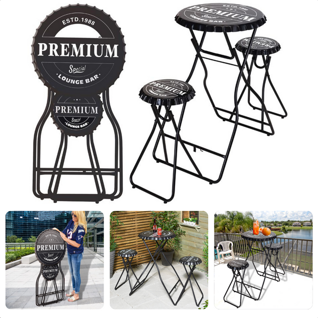 Cheqo® Premium Statafel Set - Statafel & 2 Stoelen - Bartafel met Krukken - Zwart - 101cm x 60cm - Opklapbaar - Tuin- & Homeparty - Bartafel - Sta Tafel Statafel