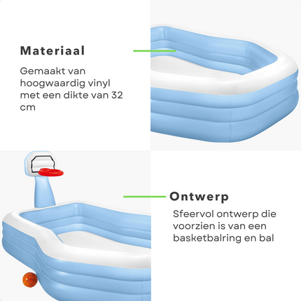 Cheqo® Opblaasbaar Zwembad - Opblaasbad - Zwembad - Opzetbad - Kinderbad - 257x188x130cm - 682L - Basketbalring & Bal - Reparatiemateriaal Opblaas Zwembad