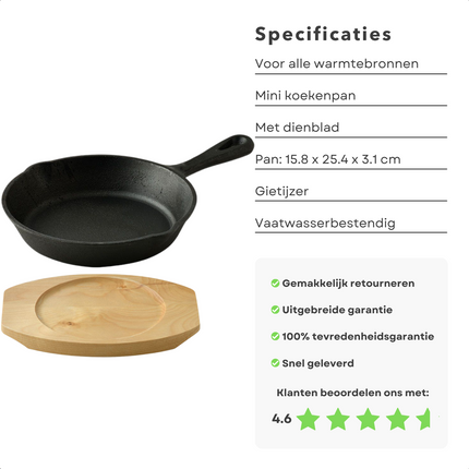 Cheqo® Gietijzeren Koekenpan met Serveerplank - 970g - Koekenpan Gietijzer - Gas, Elektrisch, Keramisch, Halogeen, Oven - Veelzijdig en Vaatwasserbestendig Koekenpan