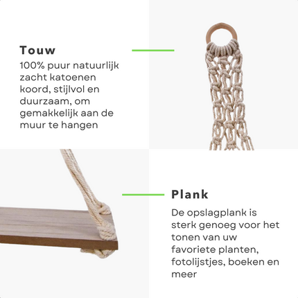 Cheqo® Luxe Plantenhanger - Wanddecoratie - Wandhanger - MDF Plank - Lichte Houtskleur - Wit Touw - 30x10,5x59,5cm Plantenhanger