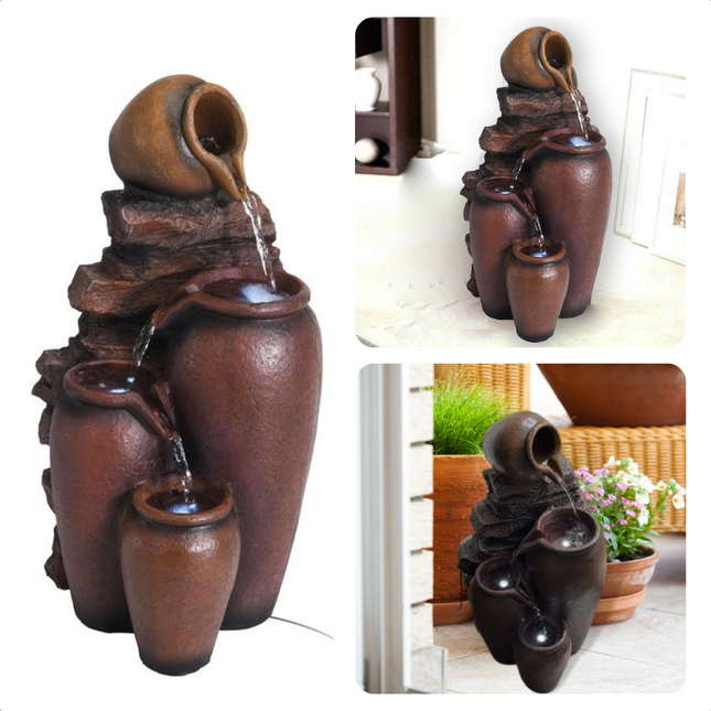 Cheqo® Waterornament Kruik - Waterval - Woondecoratie - 40cm - IP20 - 3 LED - 23x21xH40.5cm - Polystone/Polyresin - 150cm Kabellengte - Binnen Fontein Waterornament